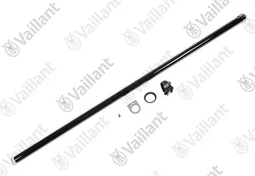 Vaillant Solar-Röhre in Schwarz, versehen mit einem Anschlussstück, einer Halterung und weiteren Befestigungselementen.